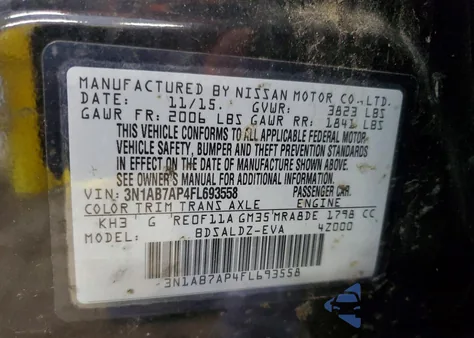 2015 Nissan Sentra S z USA, uszkodzony, nr VIN 3N1AB7AP4FL693558